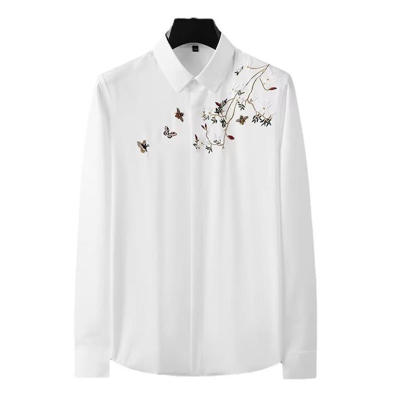 Męska koszula biała slim fit z chińskim haftem, z długim rękawem - Jesień 2023, Casualowa i niegniotliwa