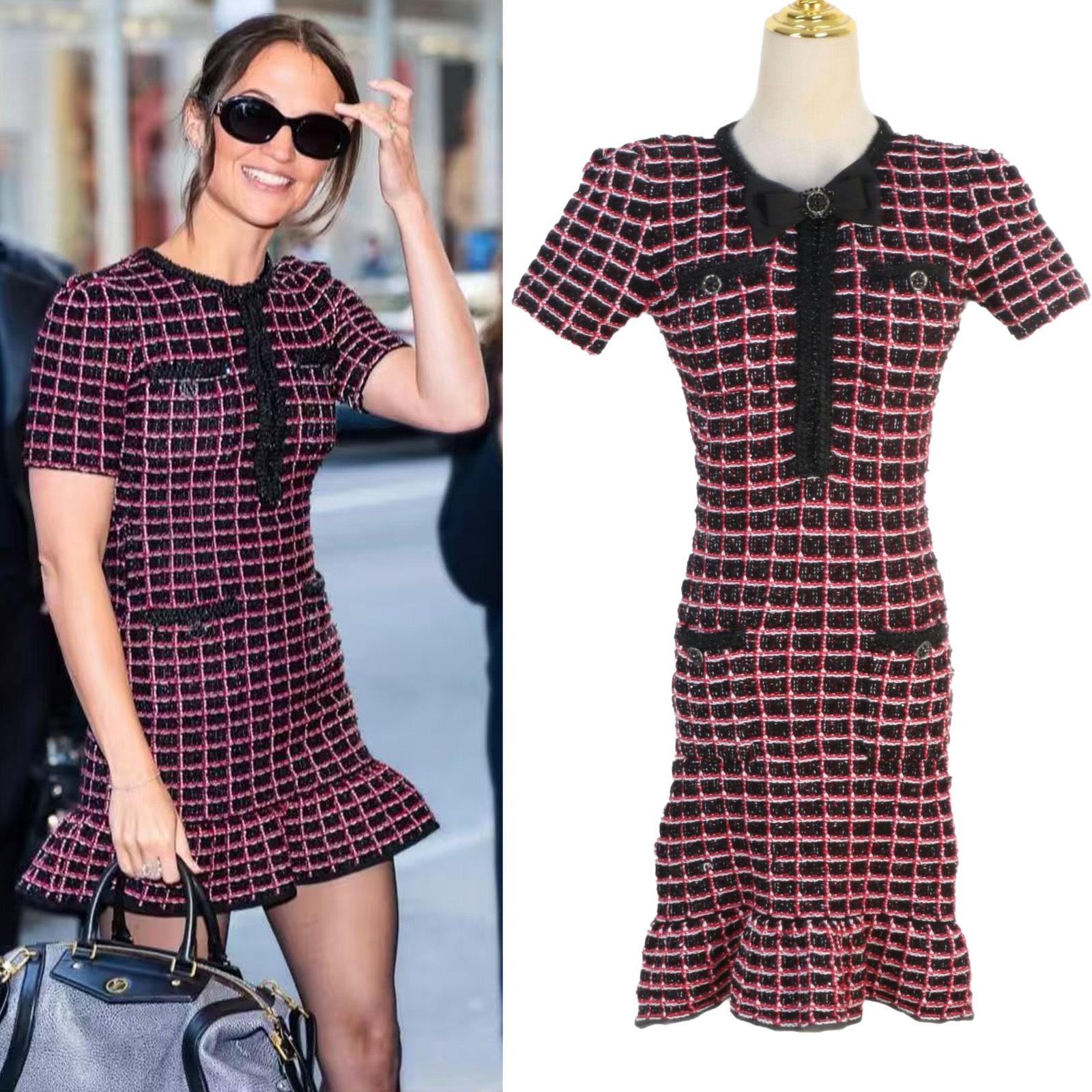 

French Short-Sleeve Bow Slim-Fit Little Fragrance-Style Round Neck Skirt Large