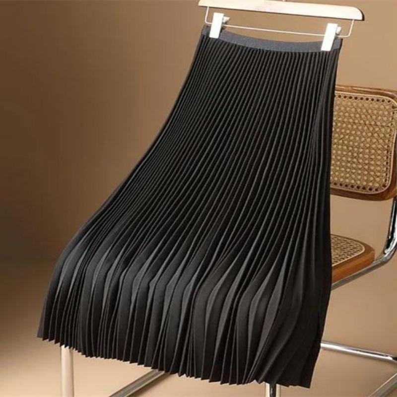 Women Vintage Midi Skirt Wide Elastic Waistband High Waist Pleated A-Line Skirt Solid Color Smooth Satin Long Skirt