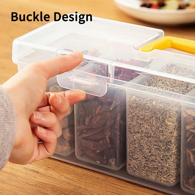 6 Grids Sealed Plastic Storage Box With Handle Portable Large Capacity Spice Storage Container Clear Kitchen Organizer