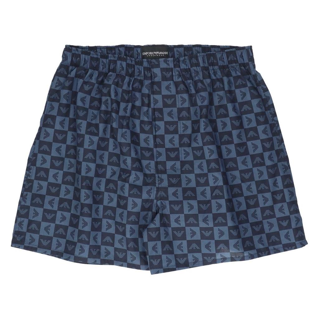 Emporio Armani Men's Checkered Eagle Cotton Woven Trunks, Front Opening, Japanese Size, Navy, 54240001, Size 68