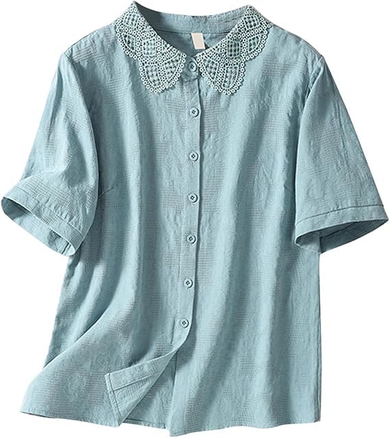 

short sleeve loose large cotton highly for summer [YASHIGE] Blouse, shirt, women s, fit, size, top, linen, breathable, thin, plain, fashionable, светло-синий