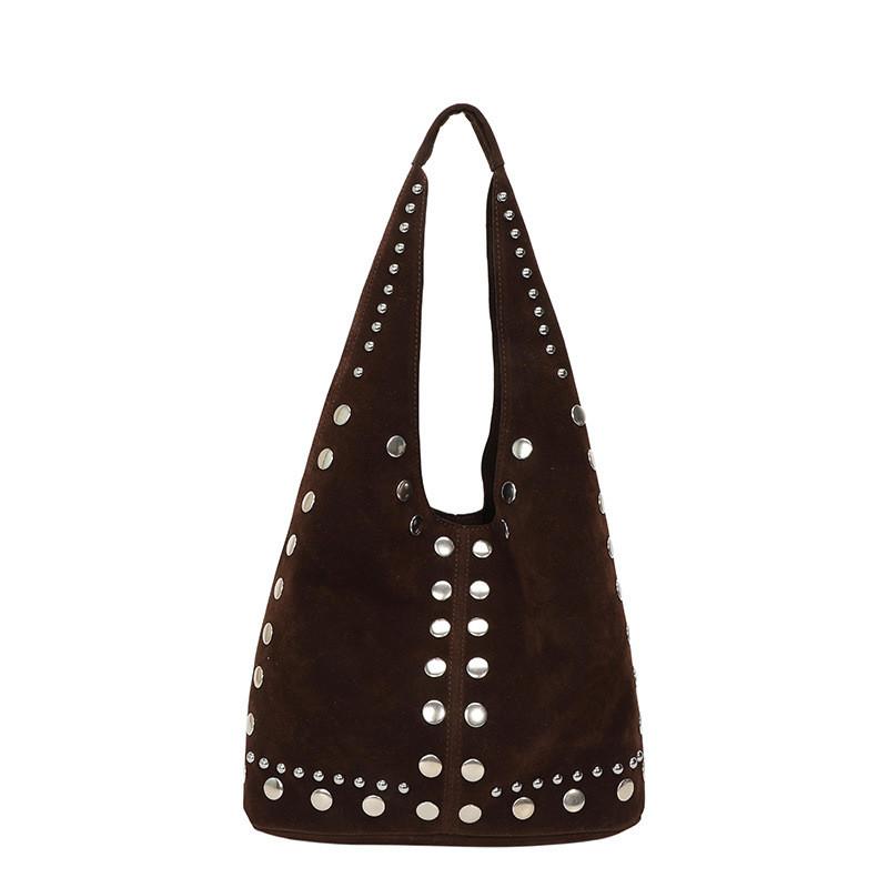 Pu Waterfall Bucket Bag With Metal Rivets For Street Style Fashion
