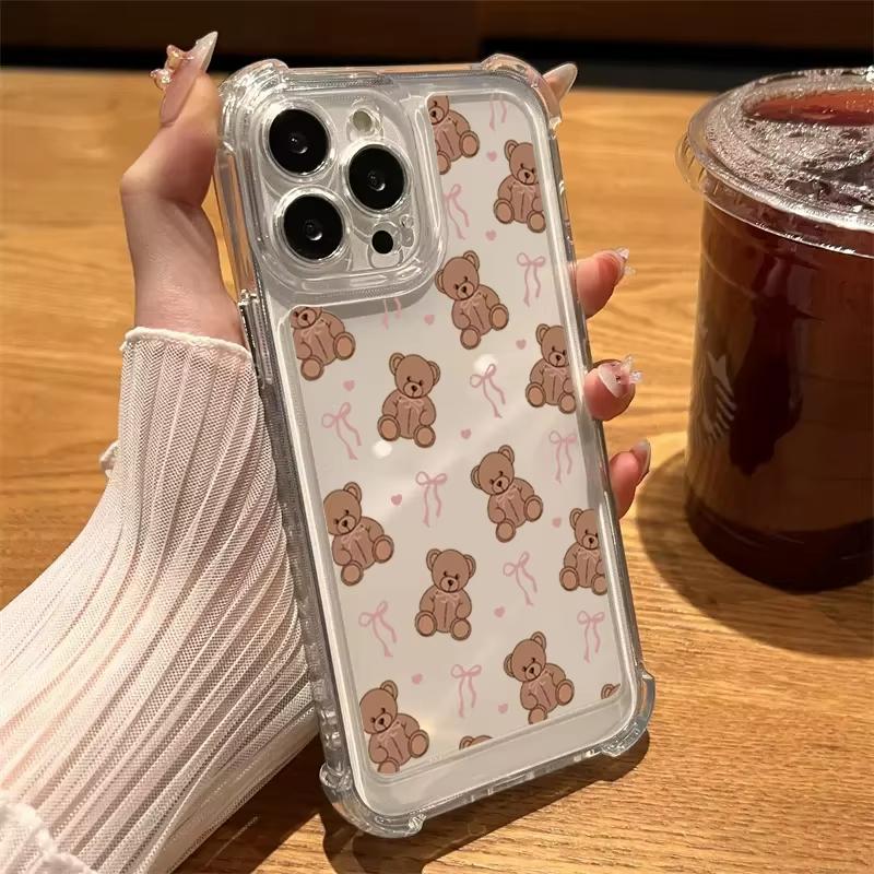 Cute Little Bear Bow Transparent Phone Case For iPhone 11 12 13 14 15 16 17 Pro Max 17 Air 7 8 Plus X XR XS Silicone Clear Cover