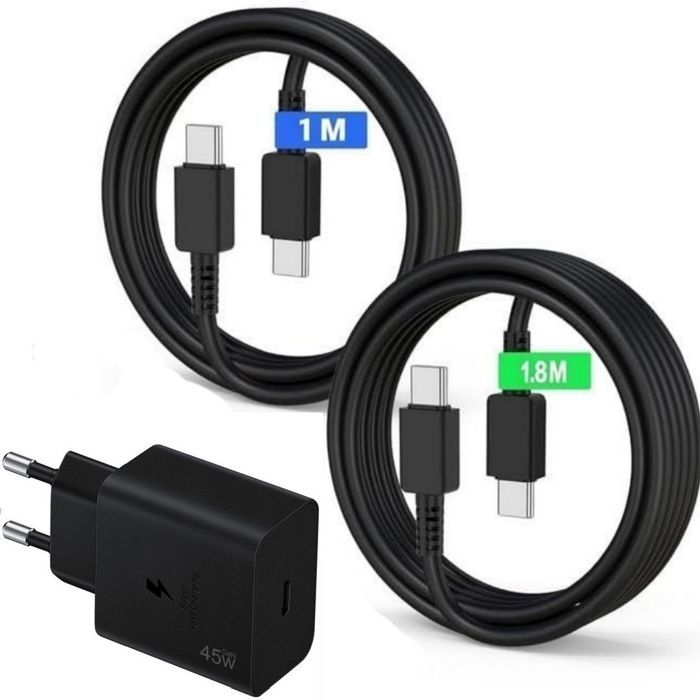 Chargeur Rapide USB-C 45W - e.F.Connection - pour Samsung - A15 A16 A17 A26 A36 A56 S25 - Noir - Câbles 1m et 1.8m