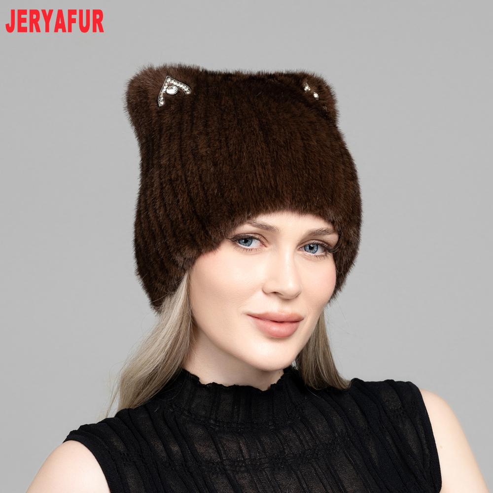 JERYAFUR Women Faux Fur Cat Ear Winter Hat, Cute Rhinestone Decor Fluffy Warm Fashion Ladies Cap for Cold Weather
