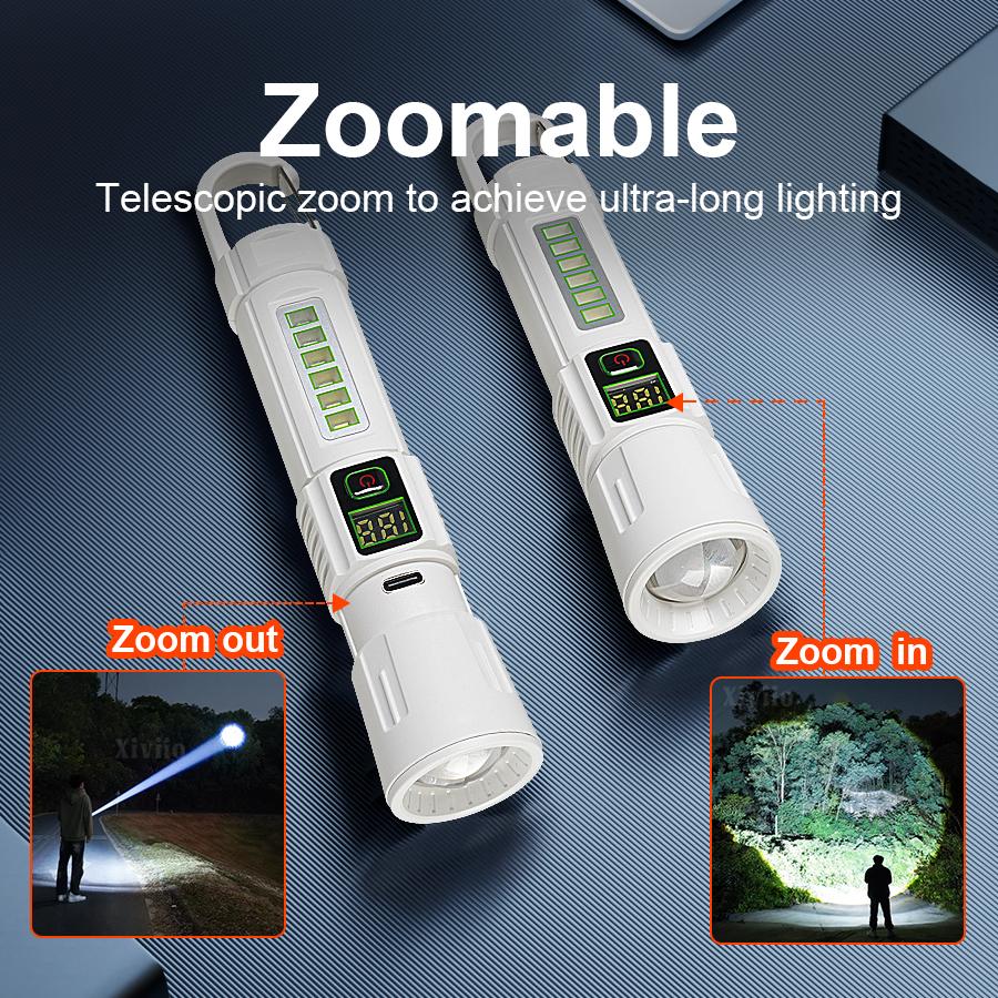 Powerful Super Bright Flashlights Telescopic Zoomable Torch Camping Long Range Portable Lamp with Hook
