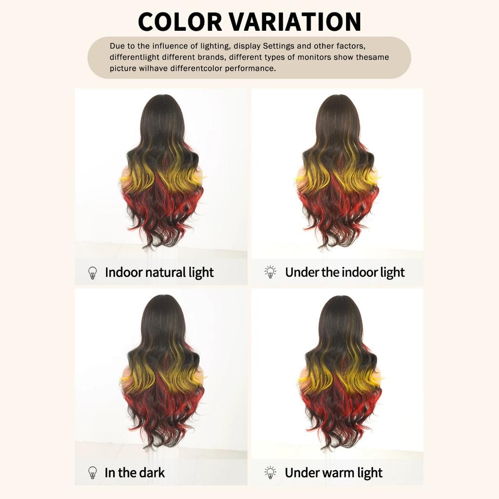Colorful Highlighted Long Curly Wig 28 Inch Black Red Gold Curtain Bangs Festival Party Synthetic Full Cap Wig for Women