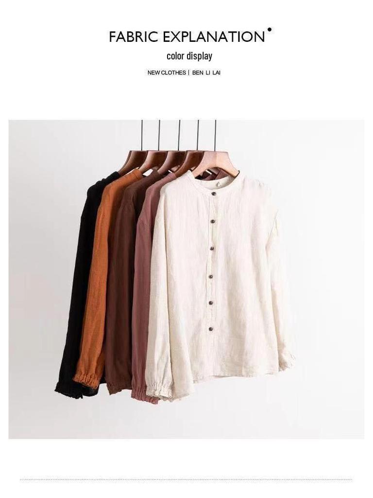 Retro 2024 Spring/Autumn Women's Loose Cotton & Linen Round Neck Shirt Jacket with Closed Sleeves