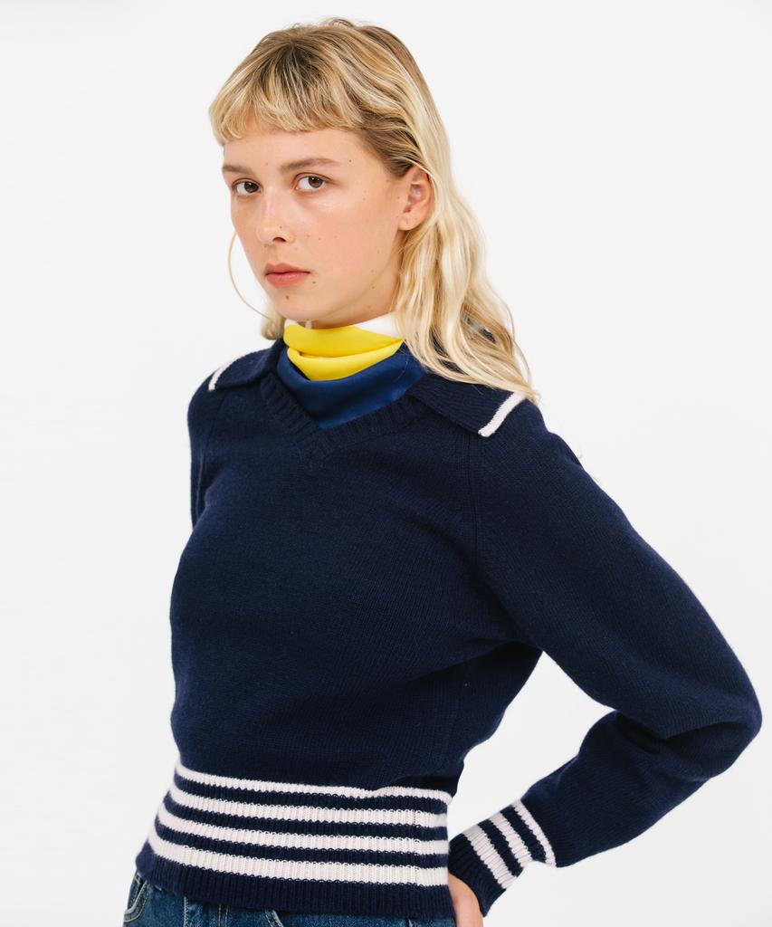 JUN BY JUN K Open Collar Striped Knit_Navy