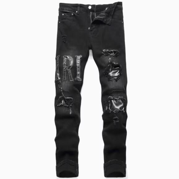 Punk Retro Blue Ripped Slim Fit Printed Men's Jeans