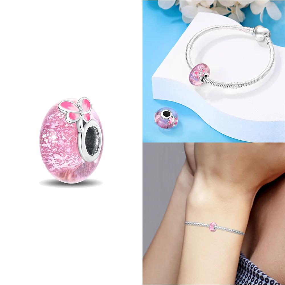 925 Silver Bracelet Women Diy Jewelry Gift Accessories Charms Beads Pink Murano Glass Blue Flower Butterfly Beads