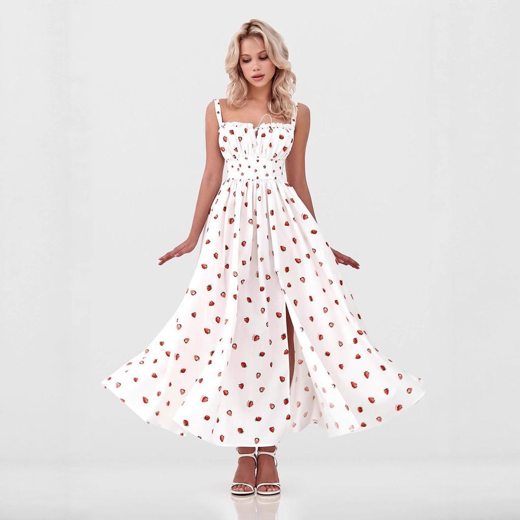 Květinové šaty na ramínka Evropské a Americké léto nové s nízkým výstřihem šněrovací s vysokým pasem rozdělené konce s vysokým pasem tištěné šaty