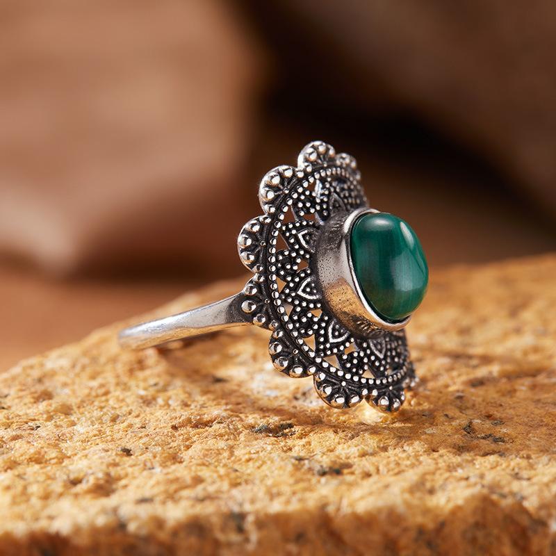 

S925 Sterling Silver Retro Thai Silver Colored Treasure Ring Female Court Hollow Pattern Multi-Colored Natural Gemstone Index Finger Ring