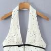 White Polka Dot Halter V-Neck A-Line Dress with Cutout Waist