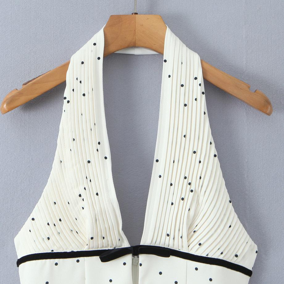 White Polka Dot Halter V-Neck A-Line Dress with Cutout Waist