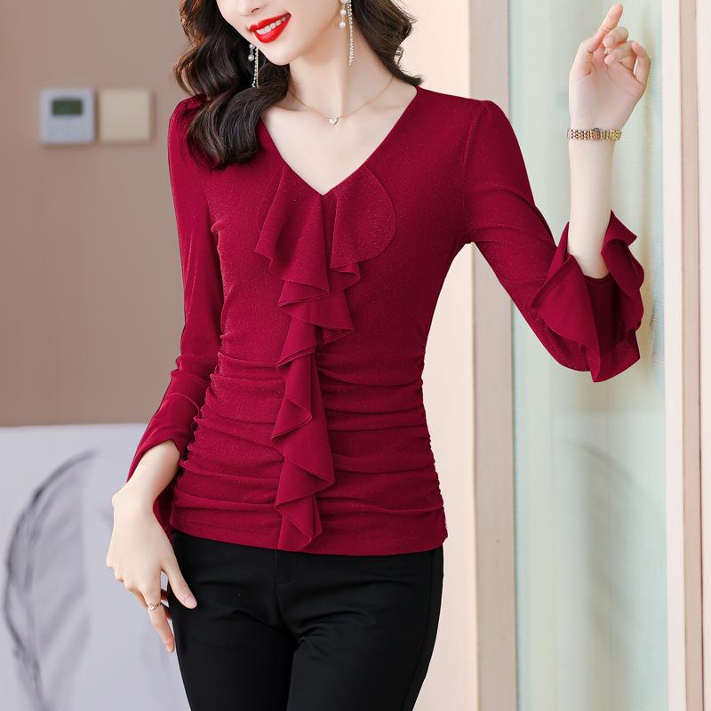 

Women s Fashion Casual Spring Fall Solid Color Print Long Sleeve V-Neck Blouses Shirts XXXXL бордовий