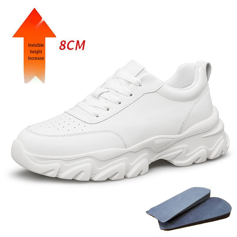 Men's Hidden Height Sports Casual White Cowhide Shoes, Low-Top, Thick Sole for Spring.
