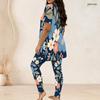 Women Plus Size Two Piece Set Round Neck Short Sleeve Floral Printed Long Top And Fitted Pants