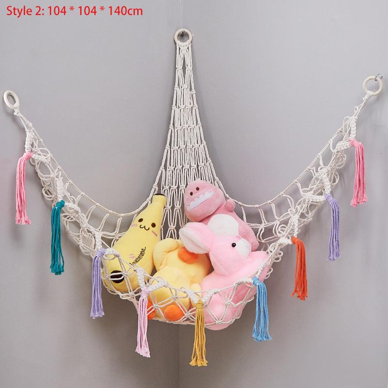 Triangular Toy Hammock Handwoven Cotton Rope Wall Storage for Stuffed Animals Plush Toys and Decor Macrame Toy Net With Fringe