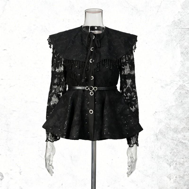 Court Style Lace Embroidery Solid Color Suit Large Lapel Waist Ruffled Top + A-shaped Long Dress