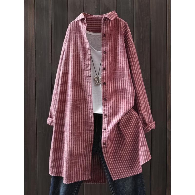 Women s Plus Size Cotton Linen Striped Long Sleeve Top Extra Large красный