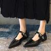 Fashion Spring New Single-shoe Women's Pointed Head Shallow Mouth Metal Buckle A Line with Anti-slip Wear-resistant Thick Heel Shoes