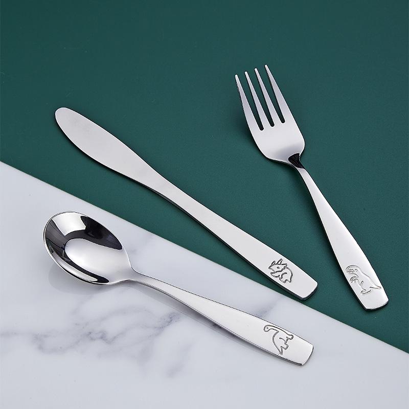 304 Stainless Steel Kids' Cartoon Dinosaur Cutlery Set: Knife, Fork, and Spoon with Square Handles (3-piece).