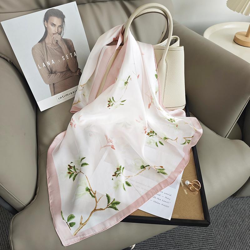 Silk Scarf Neck Small Square Scarf Light Pink Flower Simulation Silk Scarf Women's Summer Travel with Fresh and Sweet Small Scarf