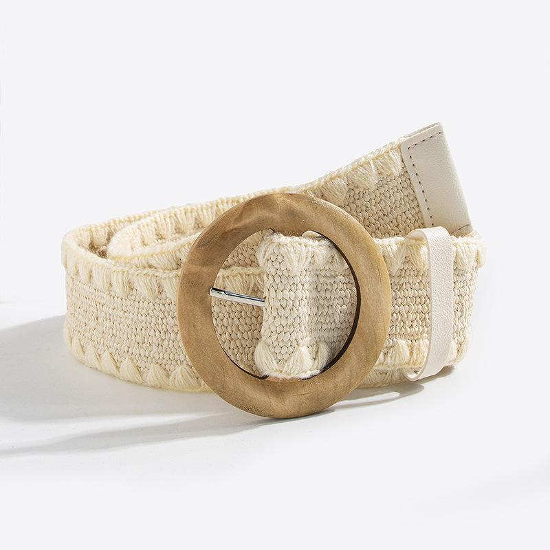 Bohemian Belt, Women's Straw-woven Woolen Decorated Round Wood Buckle Elastic Belt, Natural Vacation Style Belt