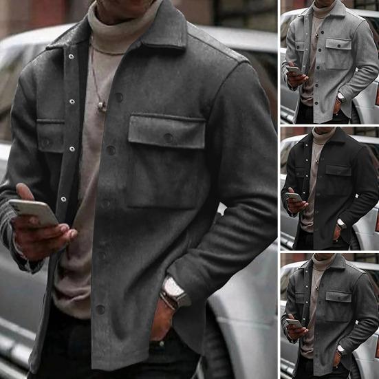 Men Jacket Lapel Single-breasted Top Solid Color Slim Thickened Warm Coat Casual Autumn Winter Outwear for Daily Wear