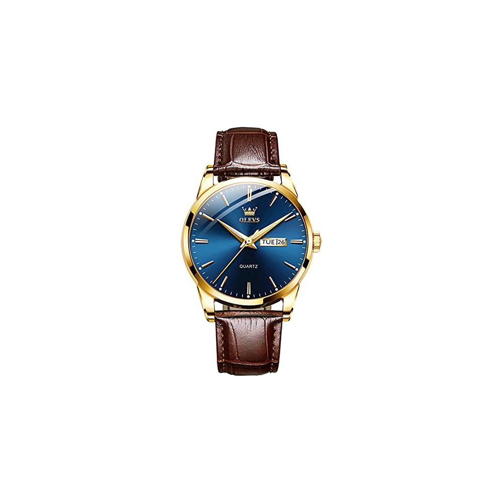Men s Business Watch Leather Band Waterproof Calendar Display Luminous Brown Belt Gold Case Blue Dial