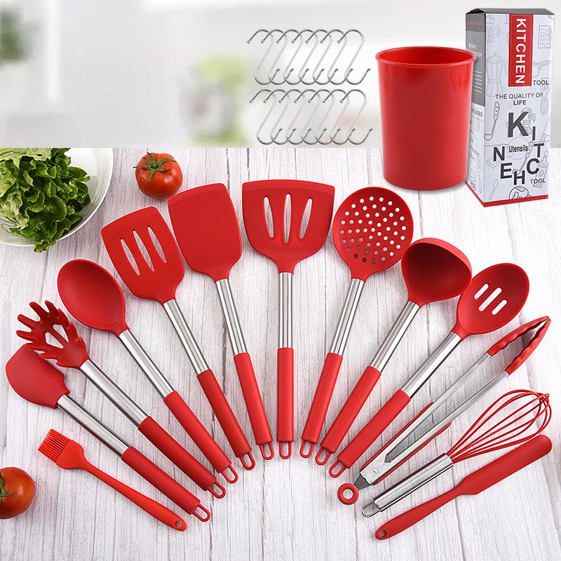 13-Piece Silicone Kitchen Utensil Set with Storage Bucket: Spatula, Slotted Spoon, Frying Spoon, Ladle