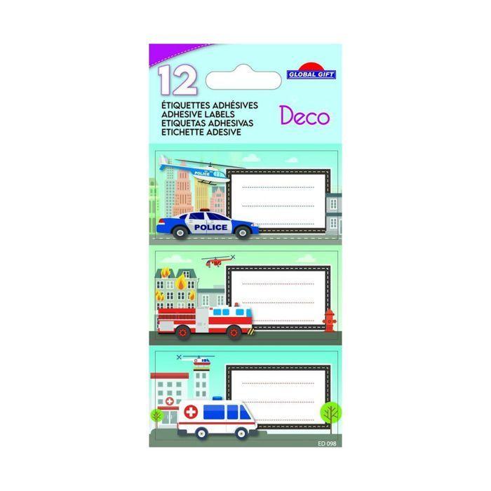 12 School Adhesive Labels - Rectangle - Police Car, Fire Truck