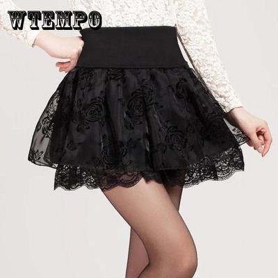 Mini Skirts for Women Summer Lace Ball Gown Black Skirt Elastic High Waist Rose Pleated Skirts Party Mesh Short Skirt