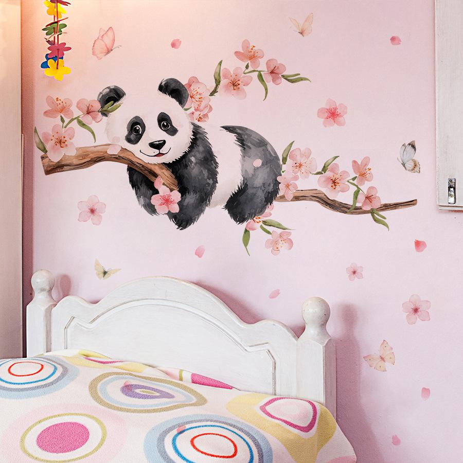 Cute Panda on Peach Tree with Butterfly and Peach Blossoms Wall Stickers, Self-Adhesive Decor for Kids Room Bedroom Dorm Room Decoration