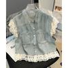 Lace Patchwork Short Denim Vest Women's 2025 Summer New Loose Flying Sleeve Vest Jacket Female