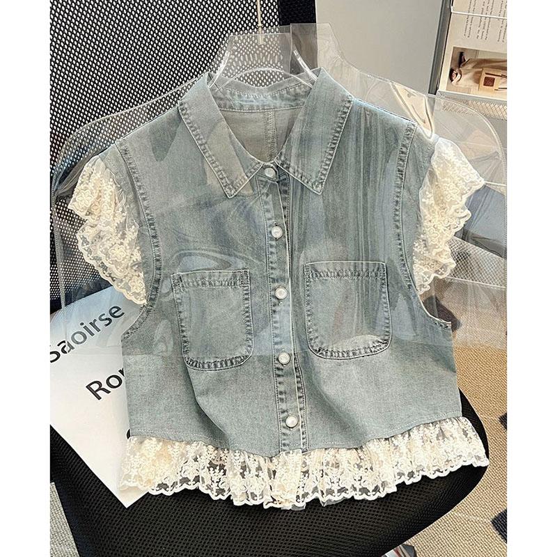 Lace Patchwork Short Denim Vest Women's 2025 Summer New Loose Flying Sleeve Vest Jacket Female