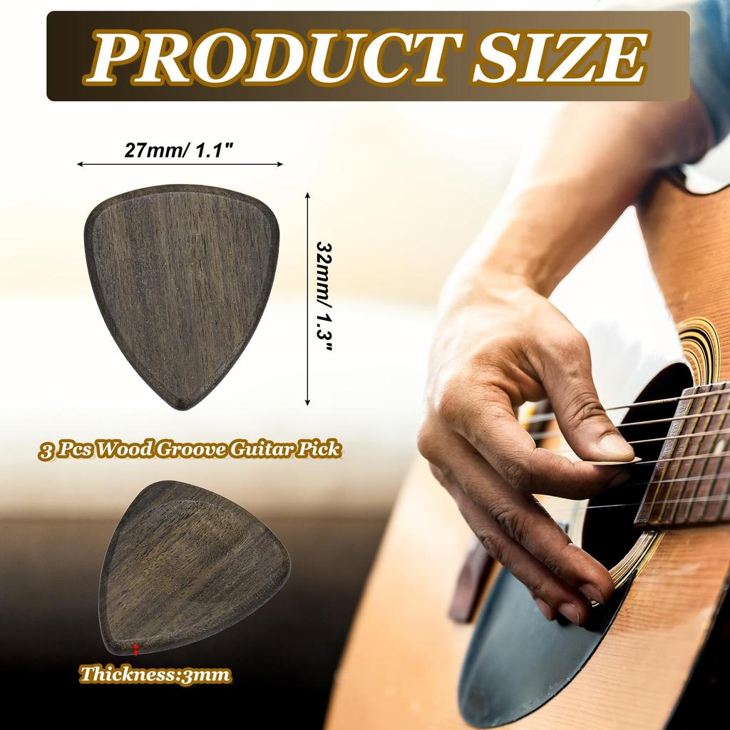 Uxcell Wooden Guitar Set of Extra Thick Grooved for and Bass Black Picks, 3, 3.0mm Gauge, Shape, Electric, Acoustic, Guitars,