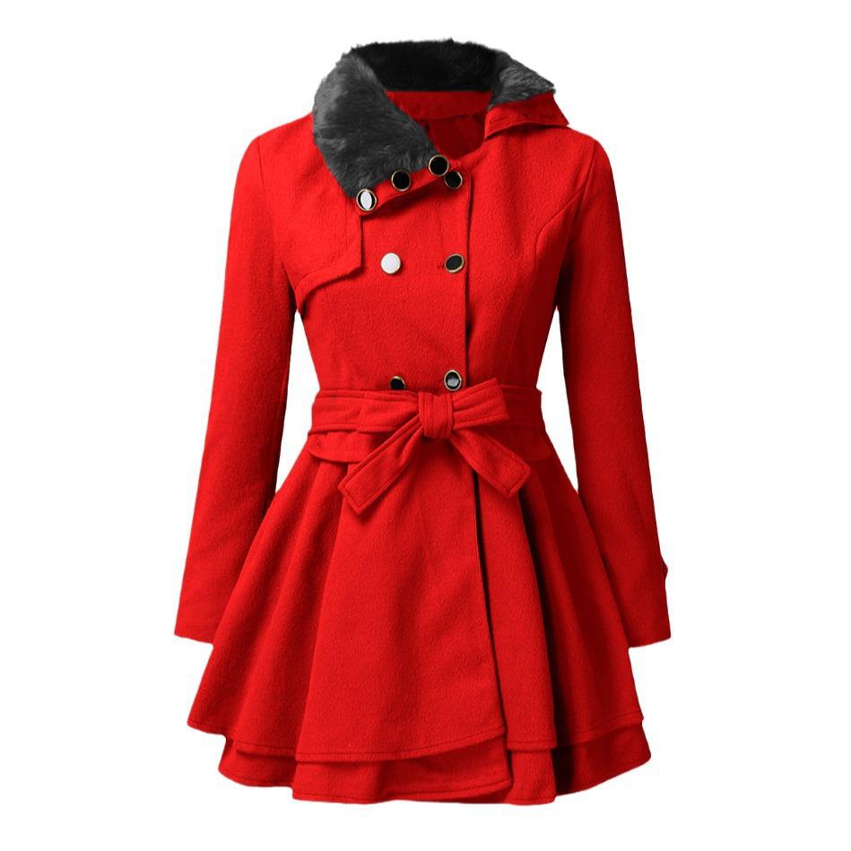 Women's Double-Breasted Wool Trench Coat with Fur Collar - Autumn/Winter Skirt Style