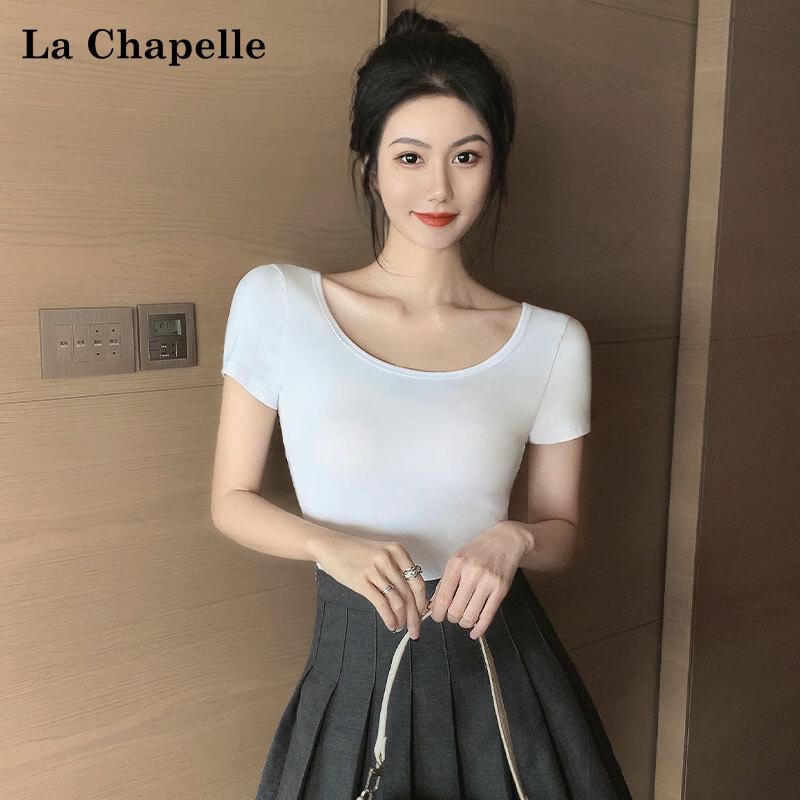 La Chapelle Women's American Style Double U-Neck Slim-Fit Short Sleeve T-Shirt