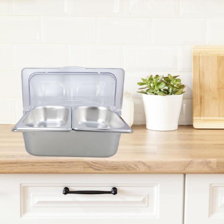 Edelstahl 2-Kammer-Speisewanne Klare Rollhaube Buffet-Serviertablett mit Trennwänden Gewürzspender