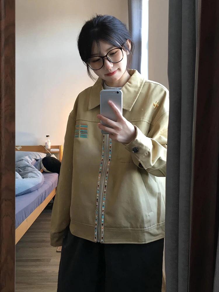 Women's Retro-Style Short Loose Workwear Jacket with Spandex - Unisex Design for Spring