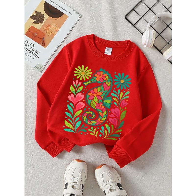 Kids Crewneck Sweatshirt, Colorful Floral Seahorse Creative Print,Daily Casual Top for Spring & Autumn