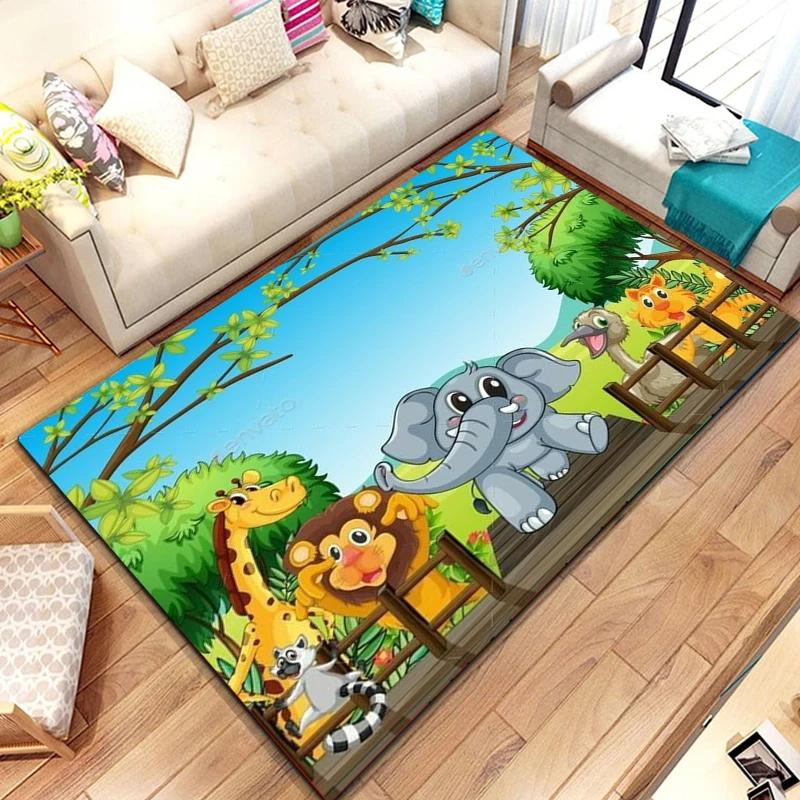 Dzikie Zwierzę Kreskówkowe Dywanik Obszarowy, Dywan ze Zwierzętami Safari Afrykańskiego dla Dzieci, Dekoracja Pokoju Kawaii, Mata Wejściowa, Mata Podłogowa Dzikie Zwierzęta Dżungli
