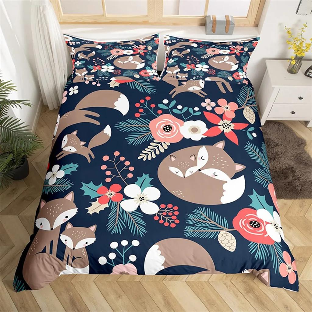 Tecknad Räv Påslakan Kawaii Djur Höstlöv Lönnlöv Tema Skogsdjur för Barn Kvinnor Flickor Sovrumsinredning