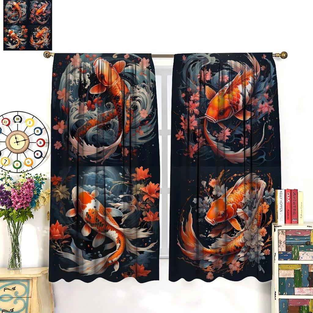 Japanese Carp Blackout Curtain   Bohemian Dream Art Curtain   Oriental Art Koi Fish Decorated Teen Blackout Curtain   Bedroom Livin