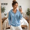 Button Down Coat Women Front Velvet Hoodie, Long Sleeve Hooded Jacket, Soft Outerwear Loose Fit Casual Drawstring for Autumn Winter Apparel