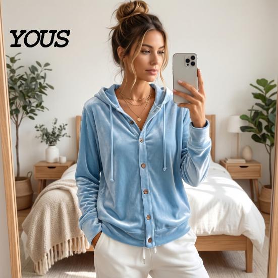 Button Down Coat Women Front Velvet Hoodie, Long Sleeve Hooded Jacket, Soft Outerwear Loose Fit Casual Drawstring for Autumn Winter Apparel
