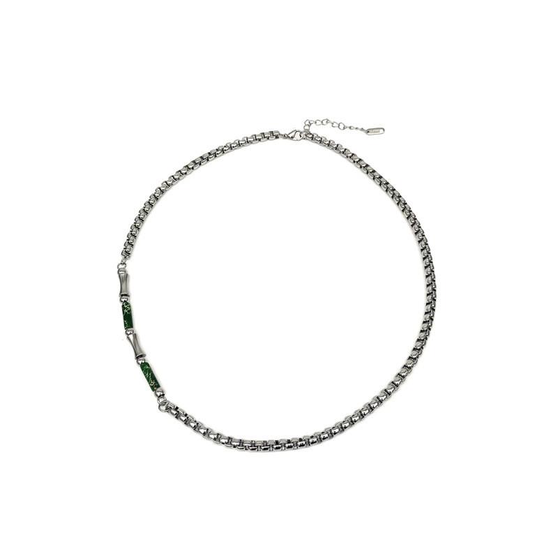 Stainless Steel Geometric Necklace For Men With Green Bamboo Beads Handmade Vintage Style